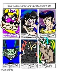 Size: 1005x1200 | Tagged: safe, artist:hipsterelfie, discord, draconequus, human, g4, bust, clothes, crossover, facial hair, godzilla, godzilla (series), grin, hat, jojo's bizarre adventure, josuke higashikata, male, meet the robinsons, moustache, six fanarts, smiling, super mario bros., the haunted mansion, top hat, wario