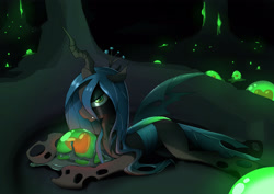 Size: 3100x2192 | Tagged: safe, artist:moons-of-mars, queen chrysalis, changeling, changeling queen, g4, changeling egg, changeling hive, egg, female, glowing, high res, lying down, prone
