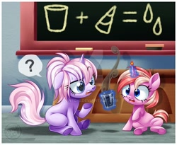 Size: 1024x839 | Tagged: safe, artist:centchi, oc, oc only, pony, unicorn, chalkboard, deviantart watermark, duo, female, filly, glass, horn on fire, magic, obtrusive watermark, question mark, watermark