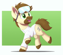 Size: 4000x3511 | Tagged: safe, artist:arcane-thunder, oc, oc only, oc:calpain, earth pony, pony, birthday gift, brown mane, brown tail, clothes, cloven hooves, cute, cutie mark, ear fluff, goggles, high res, lab coat, male, open mouth, simple background, smiling, solo, stallion, unshorn fetlocks
