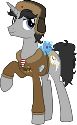 Size: 1802x2931 | Tagged: safe, artist:lightning stripe, derpibooru exclusive, trixie, oc, oc only, oc:ragtime melody, pony, unicorn, 2022 community collab, derpibooru community collaboration, g4, black mane, black tail, blue eyes, clothes, commission, cutie mark, flask, gray coat, hat, jacket, long legs, male, medal, medals, raised hoof, scowl, show accurate, simple background, solo, stallion, transparent background, trixie plushie, ushanka, vector