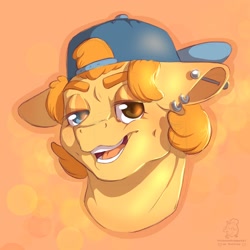 Size: 2048x2048 | Tagged: safe, artist:roseandcompany, oc, oc only, oc:trucker, pony, abstract background, advertisement, backwards ballcap, backwards hat, baseball cap, bust, cap, commission, commission info, dimples, ear piercing, earring, eyelid, hat, heterochromia, high res, jewelry, lidded eyes, looking at you, open mouth, piercing, portrait, short hair, sketch, smiling, smirk, solo