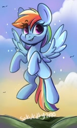 Size: 582x963 | Tagged: safe, artist:sakukitty, rainbow dash, pegasus, pony, g4, cloud, eye clipping through hair, female, flying, looking at you, mare, sky, smiling, solo, spread wings, wings