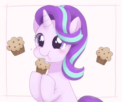 Size: 800x668 | Tagged: safe, artist:ginmaruxx, starlight glimmer, pony, unicorn, g4, blushing, cute, eating, female, food, glimmerbetes, herbivore, mare, muffin, puffy cheeks, smiling, solo