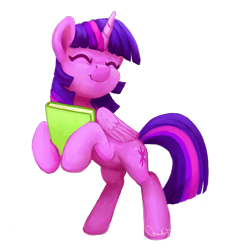 Size: 2580x2786 | Tagged: safe, artist:aemuhn, twilight sparkle, alicorn, pony, g4, bipedal, book, bookhorse, cute, eyes closed, high res, holding a book, simple background, smiling, solo, that pony sure does love books, transparent background, twiabetes, twilight sparkle (alicorn), wings