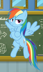 Size: 530x877 | Tagged: safe, screencap, rainbow dash, pegasus, pony, g4, top bolt, chalkboard, cropped, crossed hooves, cute, dashabetes, female, flying, mare, proud, smiling, solo, spread wings, wings