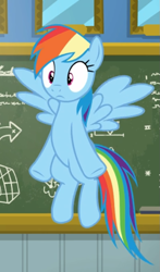 Size: 513x872 | Tagged: safe, screencap, rainbow dash, pegasus, pony, g4, top bolt, chalkboard, cropped, female, flying, mare, solo, spread wings, surprised, wings