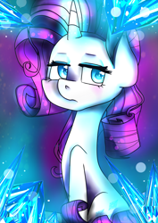 Size: 2059x2912 | Tagged: safe, artist:littlefish101, rarity, pony, unicorn, g4, abstract background, crystal, cutie mark, female, frown, glowing horn, high res, horn, lidded eyes, mare, mouse drawing, sitting, solo