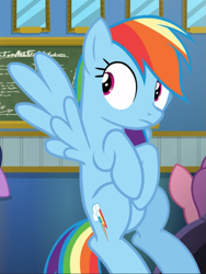 Size: 707x938 | Tagged: safe, screencap, rainbow dash, pegasus, pony, g4, top bolt, chalkboard, cropped, female, flying, mare, offscreen character, solo focus, spread wings, wings