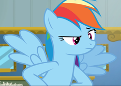 Size: 1326x939 | Tagged: safe, screencap, rainbow dash, pegasus, pony, g4, top bolt, cropped, female, flying, glare, mare, rainbow dash is not amused, raised eyebrow, solo, spread wings, unamused, wings