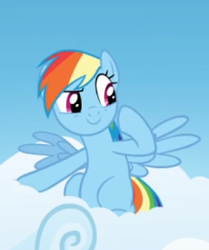 Size: 314x375 | Tagged: safe, screencap, rainbow dash, pegasus, pony, g4, my little pony: friendship is magic, top bolt, cloud, cropped, cute, dashabetes, female, mare, raised eyebrow, sitting, smiling, smirk, solo, spread wings, wings