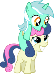 Size: 769x1039 | Tagged: safe, artist:artpwny, bon bon, lyra heartstrings, sweetie drops, earth pony, pony, unicorn, g4, female, filly, grin, happy, lesbian, looking at each other, open mouth, ship:lyrabon, shipping, simple background, smiling, transparent background