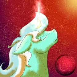 Size: 1280x1280 | Tagged: safe, artist:will-owl-the-wisp, lyra heartstrings, pony, unicorn, g4, abstract background, bust, eyes closed, female, floppy ears, glowing horn, horn, looking up, mare, profile, smiling, solo