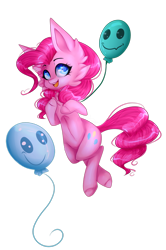 Size: 1024x1544 | Tagged: safe, artist:keltonia, pinkie pie, earth pony, pony, g4, balloon, big ears, bipedal, cheek fluff, chest fluff, chibi, crossed legs, cutie mark, discord balloon, ear fluff, eye reflection, female, floating, looking at you, mare, open mouth, reflection, simple background, smiling, solo, transparent background