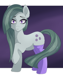 Size: 1352x1600 | Tagged: safe, artist:ravenirik, marble pie, earth pony, pony, g4, chest fluff, clothes, cute, female, long socks, looking at you, marblebetes, mare, nervous, purple background, raised hoof, simple background, socks, solo, surprised