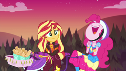 Size: 1920x1080 | Tagged: safe, screencap, pinkie pie, sunset shimmer, equestria girls, equestria girls specials, g4, my little pony equestria girls: better together, my little pony equestria girls: sunset's backstage pass, bicycle, churros, female, food, geode of sugar bombs, magical geodes, nose in the air, volumetric mouth