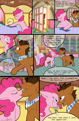 Size: 975x1500 | Tagged: safe, artist:kianara, pinkie pie, oc, oc:copper plume, earth pony, pony, unicorn, comic:the copperpie chronicles, comic:the copperpie chronicles - after hours, g4, bedroom eyes, canon x oc, comic, commission, commissioner:imperfectxiii, copperpie, female, imminent sex, kissing, looking at each other, male, shipping, straight