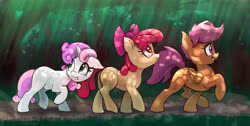 Size: 5950x3000 | Tagged: safe, artist:xbi, apple bloom, scootaloo, sweetie belle, earth pony, pegasus, pony, unicorn, g4, absurd resolution, cutie mark crusaders, dappled sunlight, everfree forest, female, filly, forest, frown, grin, gritted teeth, looking back, nervous, nervous smile, smiling, trio, trio female, walking