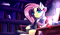 Size: 2350x1400 | Tagged: safe, artist:celes-969, fluttershy, pegasus, pony, g4, alcohol, bookshelf, candle, chair, clothes, ear piercing, earring, flower, fluttergoth, goth, jewelry, looking at you, piercing, rose, skull, wine
