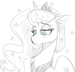 Size: 960x912 | Tagged: safe, artist:kaikururu, princess luna, alicorn, pony, g4, bust, chest fluff, female, lidded eyes, looking down, mare, monochrome, partial color, peytral, portrait, sad, sketch, solo, teary eyes, three quarter view, wings