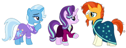 Size: 5188x2000 | Tagged: safe, alternate version, artist:sketchmcreations, starlight glimmer, sunburst, trixie, pony, unicorn, g4, the last problem, cloak, clothes, counselor trixie, female, headmare starlight, looking at each other, male, mare, open mouth, raised hoof, simple background, skirt, smiling, stallion, suit, transparent background, trio, vector