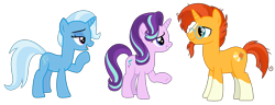 Size: 5188x2000 | Tagged: safe, alternate version, artist:sketchmcreations, starlight glimmer, sunburst, trixie, pony, unicorn, g4, the last problem, counselor trixie, female, looking at each other, male, mare, open mouth, raised hoof, simple background, smiling, stallion, transparent background, trio, vector