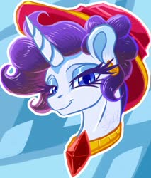 Size: 1065x1248 | Tagged: safe, artist:thatonegib, part of a set, rarity, pony, unicorn, g4, alternate design, alternate hairstyle, bust, female, hat, jewelry, necklace, solo