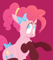 Size: 1086x1218 | Tagged: safe, artist:hattsy, pinkie pie, earth pony, pony, g4, alternate hairstyle, bow, clothes, female, hair bow, heart eyes, looking up, mare, rearing, simple background, smiling, solo, stockings, tail bow, thigh highs, wingding eyes