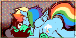 Size: 1890x950 | Tagged: safe, artist:phantomlemon, rainbow dash, oc, oc:bluphy hooves, pegasus, pony, g4, bluphydash, blushing, canon x oc, cute, female, looking at each other, male, mare, on top, stallion, wings