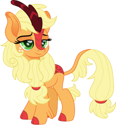 Size: 1389x1500 | Tagged: safe, artist:cloudy glow, applejack, kirin, g4, cute, female, freckles, jackabetes, kirin-ified, kirun applejack, lidded eyes, looking at you, movie accurate, simple background, solo, species swap, transparent background