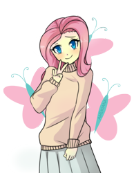 Size: 2638x3400 | Tagged: safe, artist:amekiana, fluttershy, human, g4, anime, clothes, cute, cutie mark background, female, high res, humanized, shyabetes, simple background, solo, sweater, sweatershy, transparent background