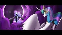 Size: 1280x720 | Tagged: dead source, safe, artist:chopchopguy, nightmare moon, princess celestia, alicorn, pony, g4, black bars, duel, glowing eyes, letterboxing