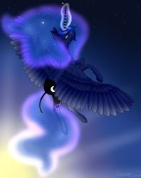 Size: 1024x1295 | Tagged: safe, artist:clarissa0210, princess luna, pony, g4, dock, female, flying, magic, solo