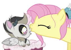 Size: 784x551 | Tagged: safe, artist:ipandacakes, fluttershy, oc, oc:chaos cross, hybrid, pony, g4, baby draconequus, base used, female, interspecies offspring, male, mother and child, mother and son, nuzzling, offspring, parent:discord, parent:fluttershy, parents:discoshy, simple background, transparent background
