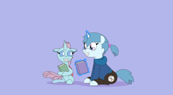 Size: 4623x2542 | Tagged: safe, artist:gd_inuk, ocellus, oc, oc:gem inukshuk, changedling, changeling, pony, unicorn, g4, book, clothes, cute, cute little fangs, diaocelles, duo, fangs, female, glasses, high res, hoodie, levitation, looking at each other, magic, mare, ponytail, purple background, simple background, sitting, smiling, telekinesis