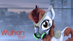 Size: 1920x1080 | Tagged: safe, artist:spinostud, autumn blaze, kirin, g4, 3d, china, city, coronavirus, covid-19, female, gas mask, graveyard of comments, looking at you, mask, solo, source filmmaker, wuhan