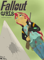 Size: 3000x4093 | Tagged: safe, artist:wolfjarl, sunset shimmer, fanfic:fallout girls, equestria girls, g4, blood, capital wasteland, cover art, dirt, dirty, fallout, fallout 3, fallout girls, gun, pipboy, rifle, scuff mark, washington d.c., washington monument, weapon