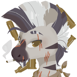 Size: 2000x2000 | Tagged: safe, artist:alabasterpeony, oc, oc only, oc:ahrim, pony, zebra, bullet casing, cigarette, eyebrows, high res, scar, simple background, solo, transparent background