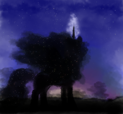 Size: 1024x950 | Tagged: safe, artist:grayma1k, princess luna, alicorn, pony, g4, ethereal mane, female, glowing horn, horn, silhouette, solo, starry mane, twilight (astronomy)