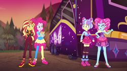 Size: 1920x1080 | Tagged: safe, screencap, kiwi lollipop, pinkie pie, sunset shimmer, supernova zap, equestria girls, equestria girls specials, g4, my little pony equestria girls: better together, my little pony equestria girls: sunset's backstage pass, churros, female, food, k-lo, postcrush, shoes, sneakers, su-z