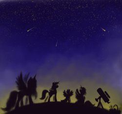 Size: 1024x956 | Tagged: safe, artist:grayma1k, oc, alicorn, pony, alicorn oc, horn, meteor shower, silhouette, telescope