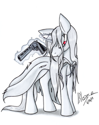 Size: 950x1200 | Tagged: safe, artist:blazelupine, oc, oc only, oc:silver sight, pony, unicorn, broken horn, cape, clothes, female, glowing horn, gun, handgun, horn, revolver, simple background, solo, traditional art, weapon, white background