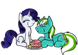 Size: 900x638 | Tagged: safe, artist:blazelupine, rarity, oc, oc:pickles, pony, unicorn, g4, cake, delicious, duo, eating, enjoying, eyes closed, female, food, horn, male, plate, simple background, star fruit, traditional art, white background