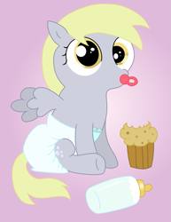 Size: 989x1280 | Tagged: safe, artist:sweetielover, derpy hooves, pegasus, pony, g4, baby, baby bottle, baby pony, diaper, female, food, muffin, pacifier, solo