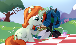 Size: 2865x1685 | Tagged: safe, artist:lilith1light, artist:littlemonsteravv, crackle cosette, queen chrysalis, changedling, changeling, insect, ladybug, pony, unicorn, g4, alternate universe, aweeg*, base used, cheese, crown, cucumber, cute, drink, eating, eyeshadow, female, food, glass, glowing horn, grass, herbivore, horn, jewelry, juice, lettuce, levitation, magic, makeup, mare, picnic, picnic blanket, picture, purified chrysalis, regalia, sandwich, self paradox, self ponidox, sitting, straw, telekinesis, tomato, tree, vegetables