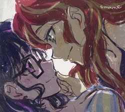 Size: 761x681 | Tagged: safe, artist:5mmumm5, sci-twi, sunset shimmer, twilight sparkle, equestria girls, g4, my little pony equestria girls: better together, blushing, breasts, duo, female, glasses, lesbian, looking at each other, ship:sci-twishimmer, ship:sunsetsparkle, shipping, smiling