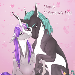 Size: 1200x1200 | Tagged: safe, artist:dementra369, oc, oc only, oc:grace, oc:ronald, pony, unicorn, couple, holding hooves, holiday, looking at each other, romance, shipping, sitting, valentine's day