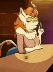 Size: 1280x1714 | Tagged: safe, artist:mixdaponies, autumn blaze, kirin, anthro, g4, alcohol, breasts, busty autumn blaze, cigarette, cleavage, female, looking at you, smiling, smiling at you, smoking, solo, tavern