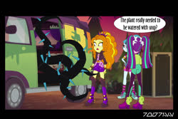 Size: 1288x858 | Tagged: safe, edit, edited screencap, editor:teren rogriss, screencap, adagio dazzle, aria blaze, sonata dusk, equestria girls, equestria girls specials, g4, my little pony equestria girls: better together, my little pony equestria girls: sunset's backstage pass, princess twilight sparkle (episode), black vine, van, vine