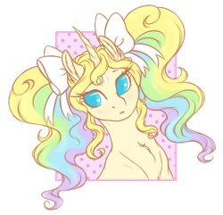 Size: 1920x1851 | Tagged: safe, artist:acry-artwork, oc, oc only, oc:acry weaver, pony, unicorn, bow, curved horn, hair bow, horn, pigtails, solo, twintails